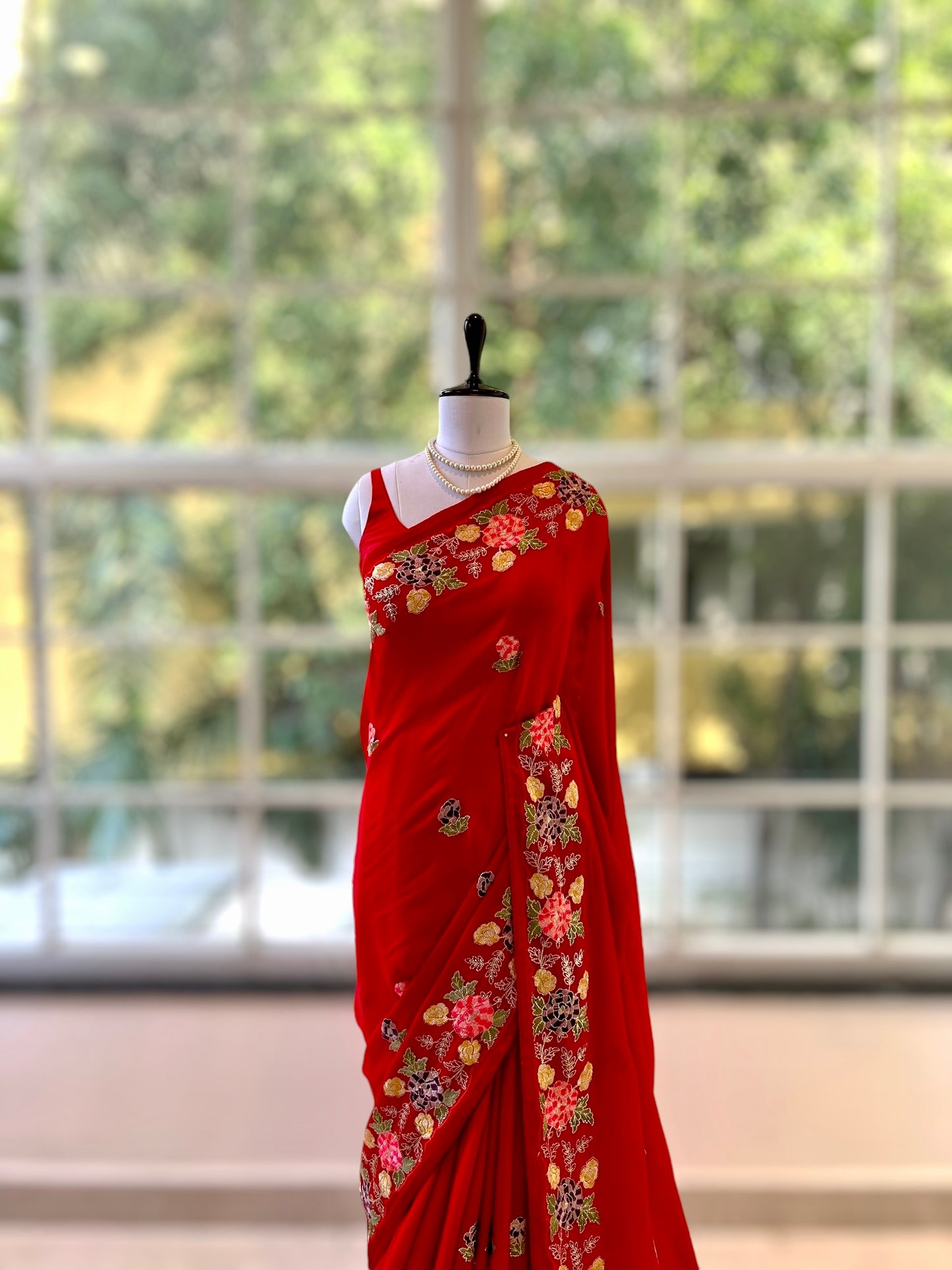 Red pure chiffon floral saree