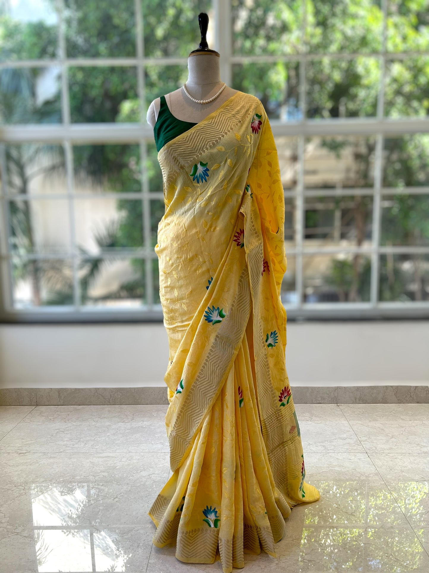 Yellow hand painted saree