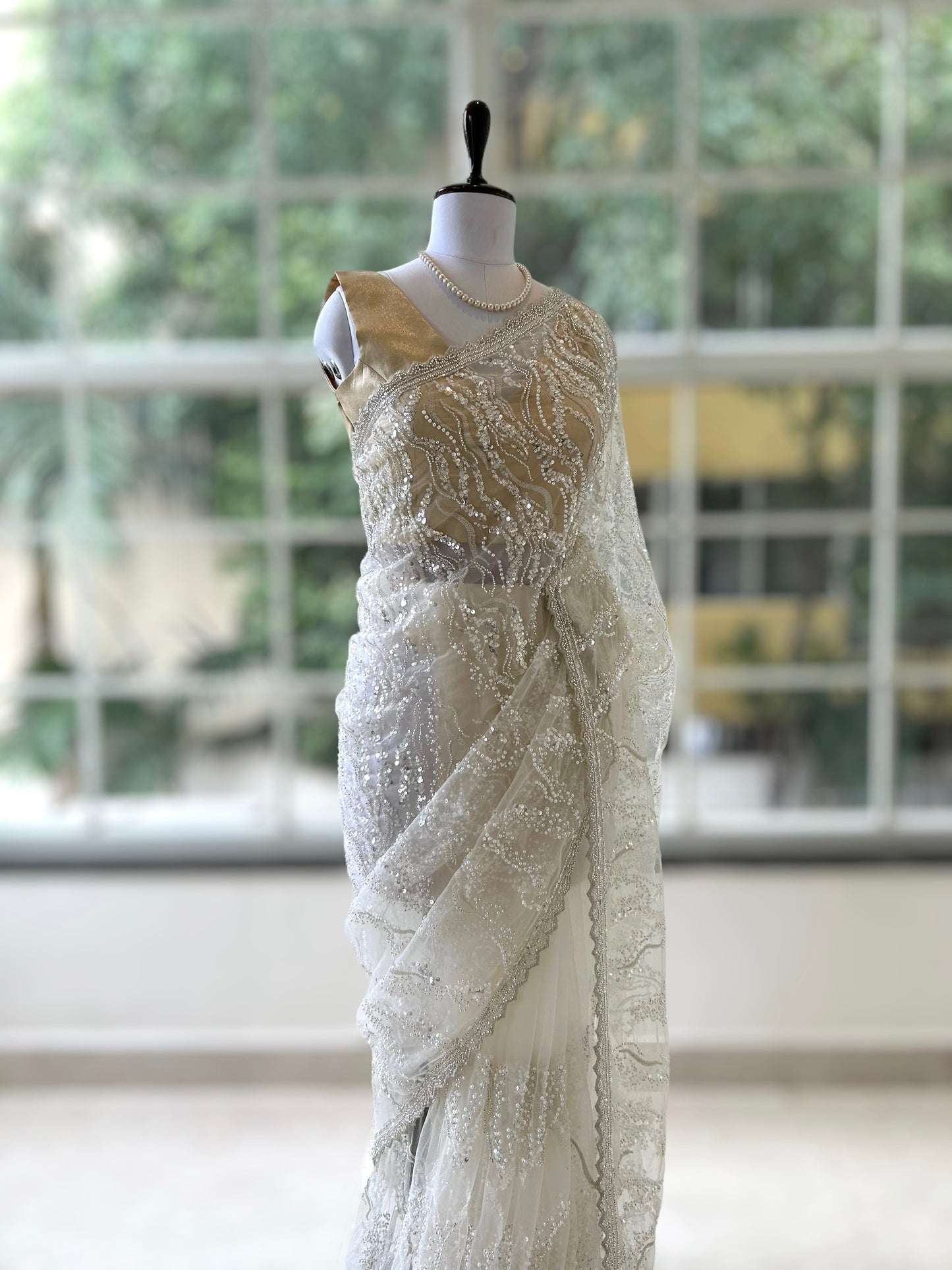 White sequins pearl saree