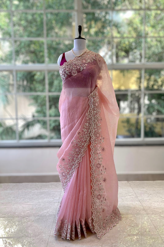 Baby pink threadwork organza saree