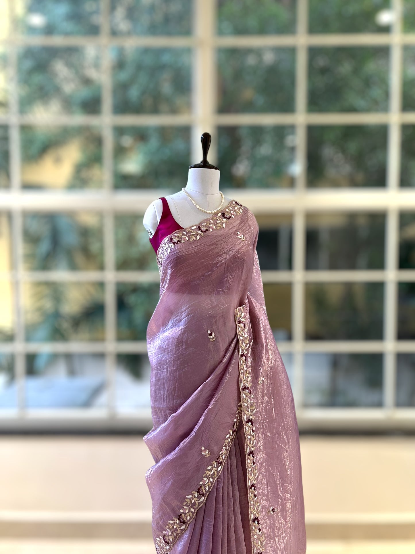 Embroidered crushed organza saree - Lilac