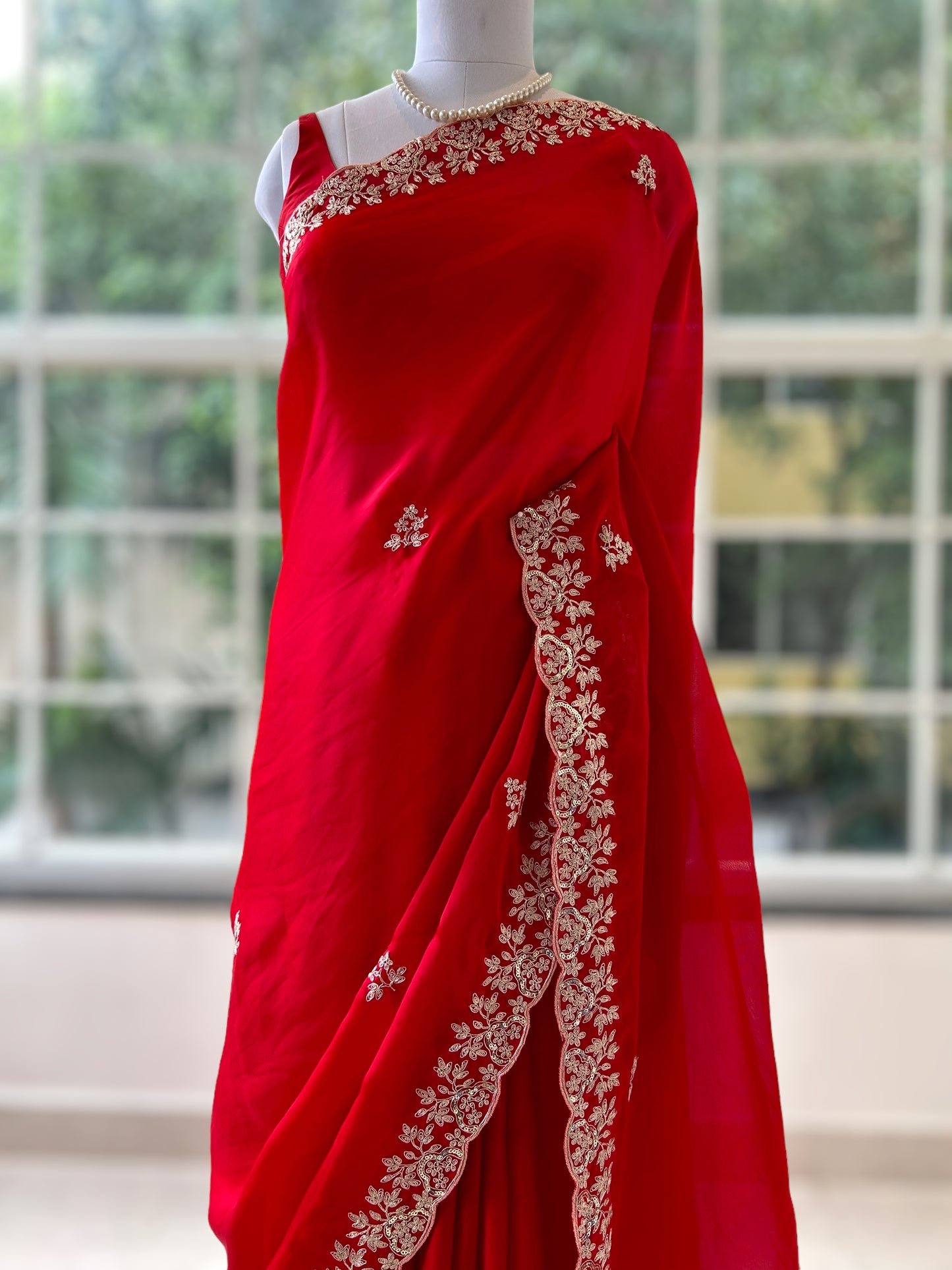 Satin chiffon aari work saree - Red