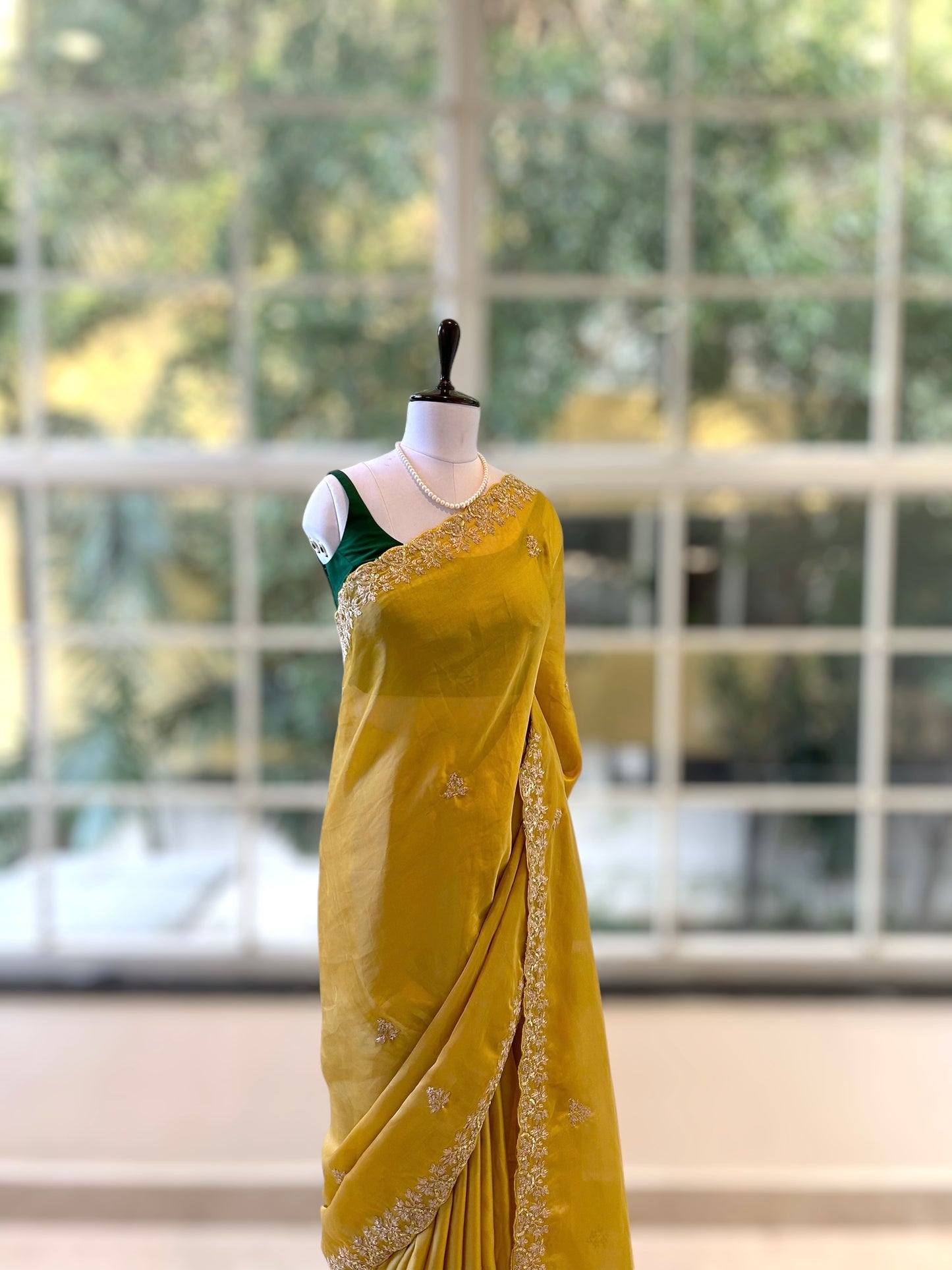 Satin chiffon aari work saree - Yellow