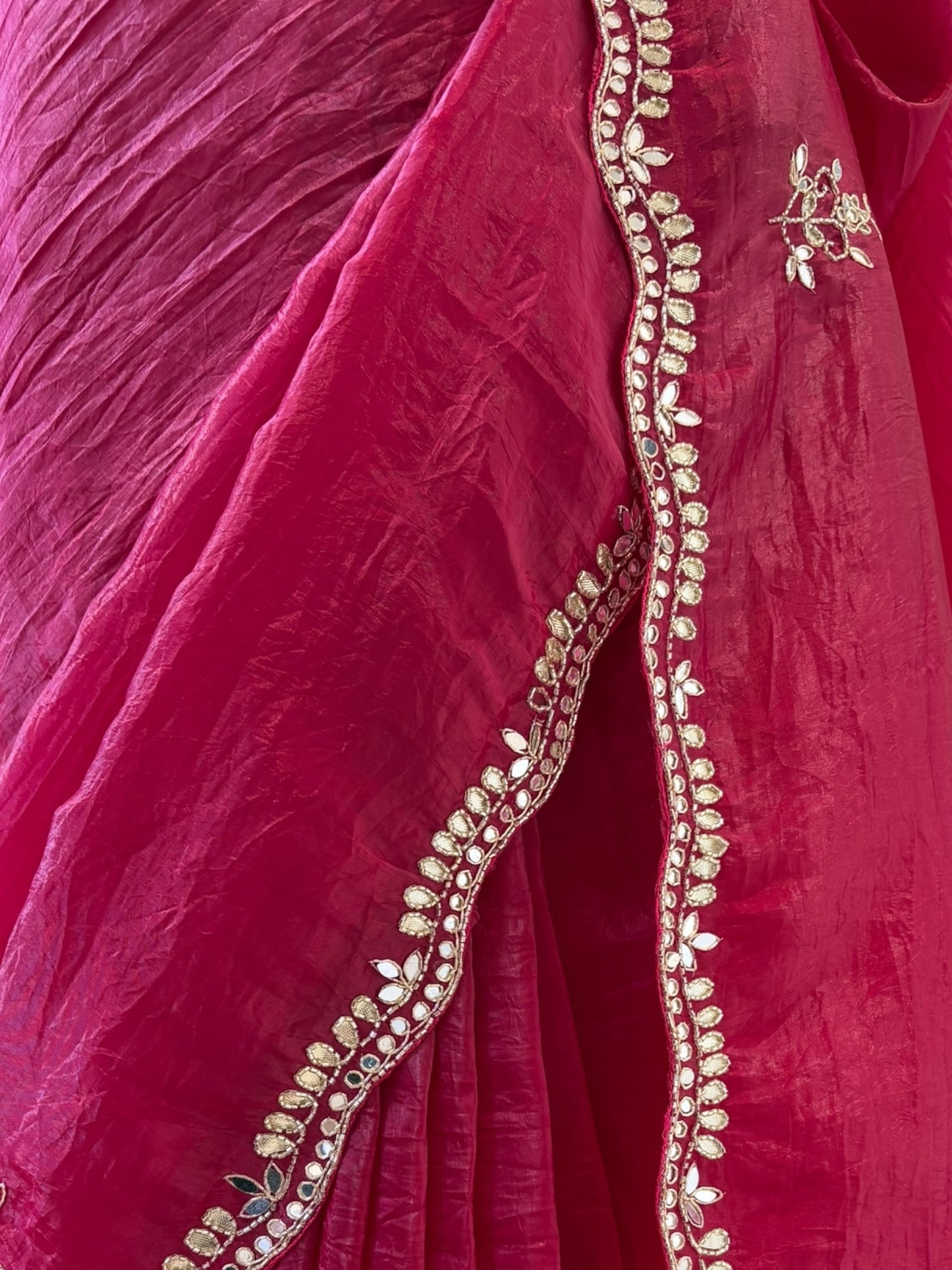 Mirror work crushed organza saree - Pink