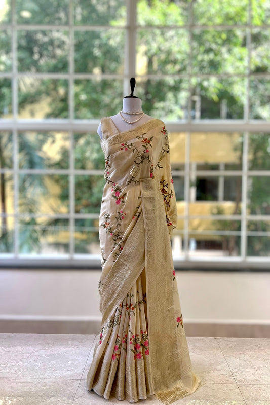 Beige resham work pure chiffon saree