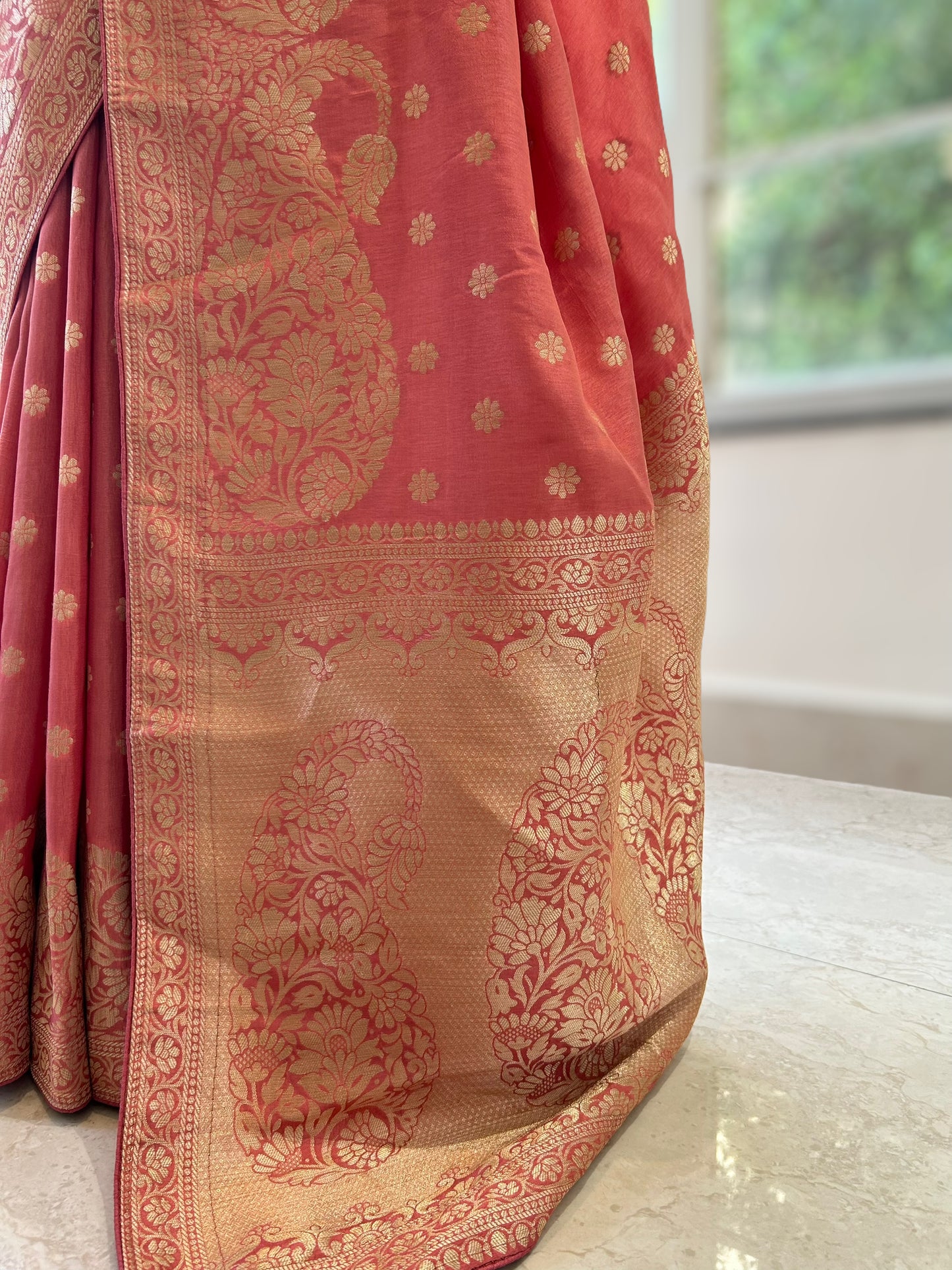 Peach pure dola silk saree