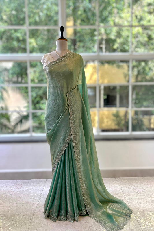 Emerald green shimmer chiffon saree