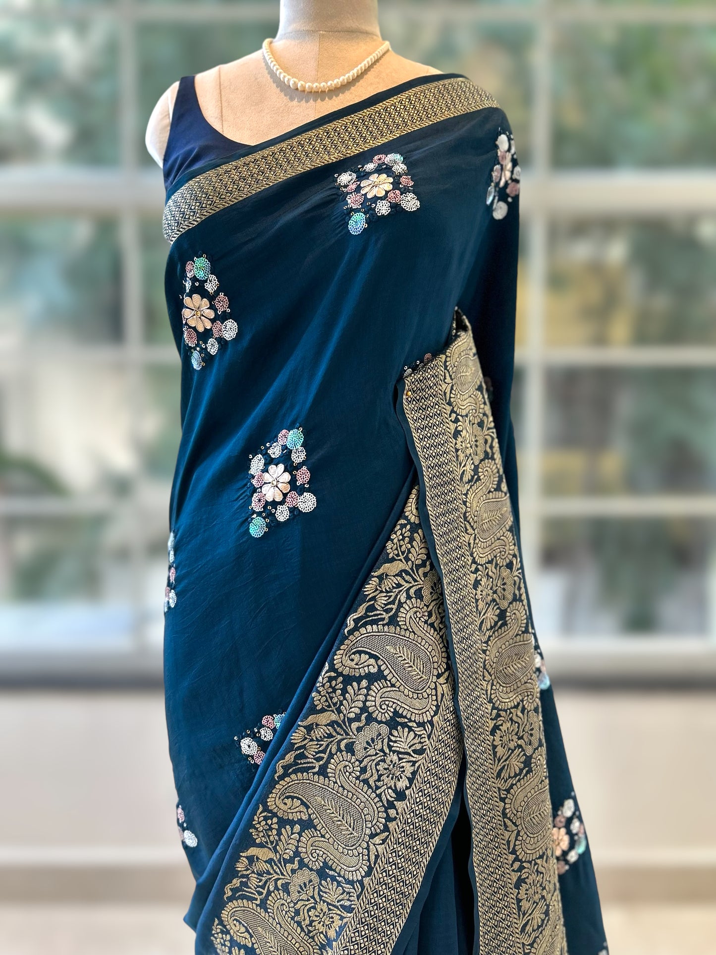 Navy blue russian zari saree