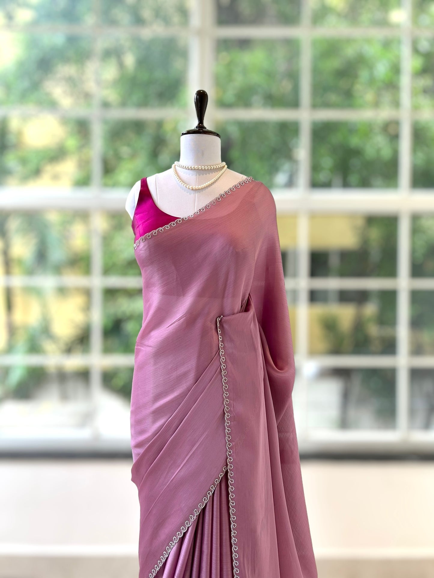 Pink swarovski embellished chiffon saree