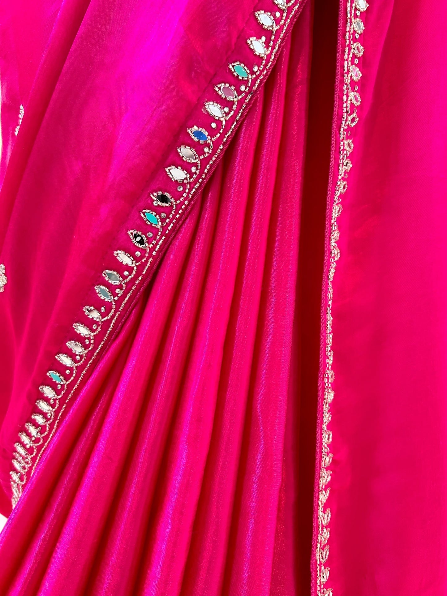 Modal satin mirror work saree - Pink