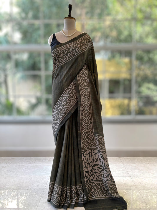 Tussar silk saree - Dusty green