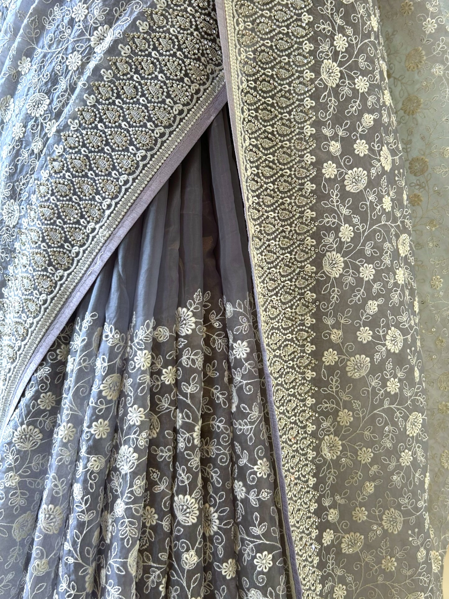 Floral embroidered organza saree - Grey