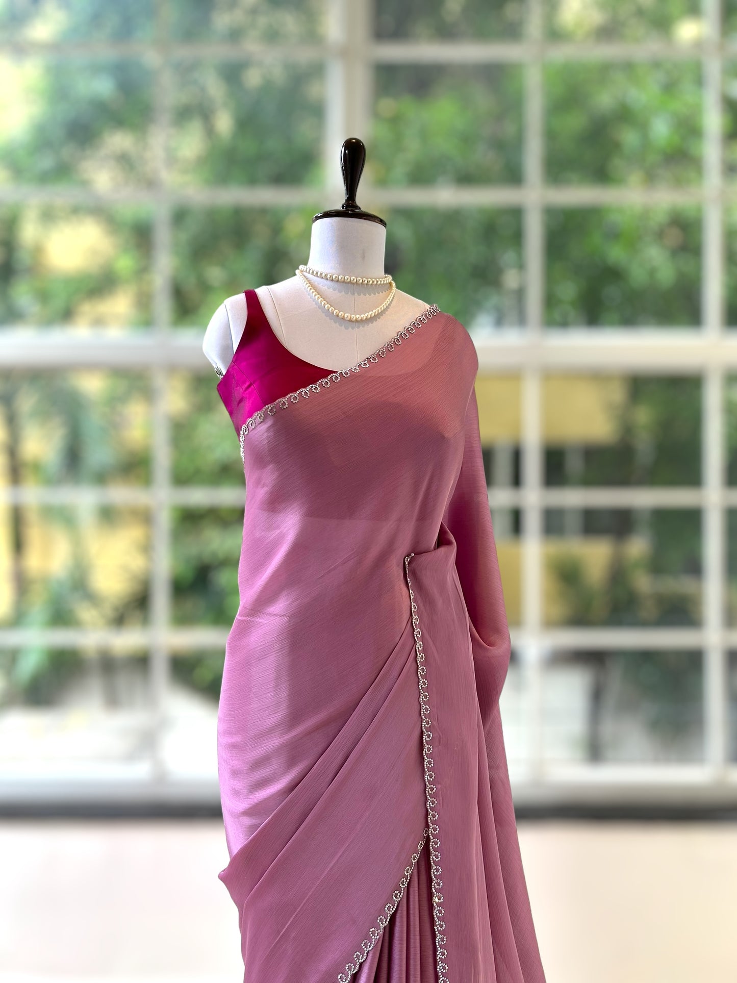 Pink swarovski embellished chiffon saree