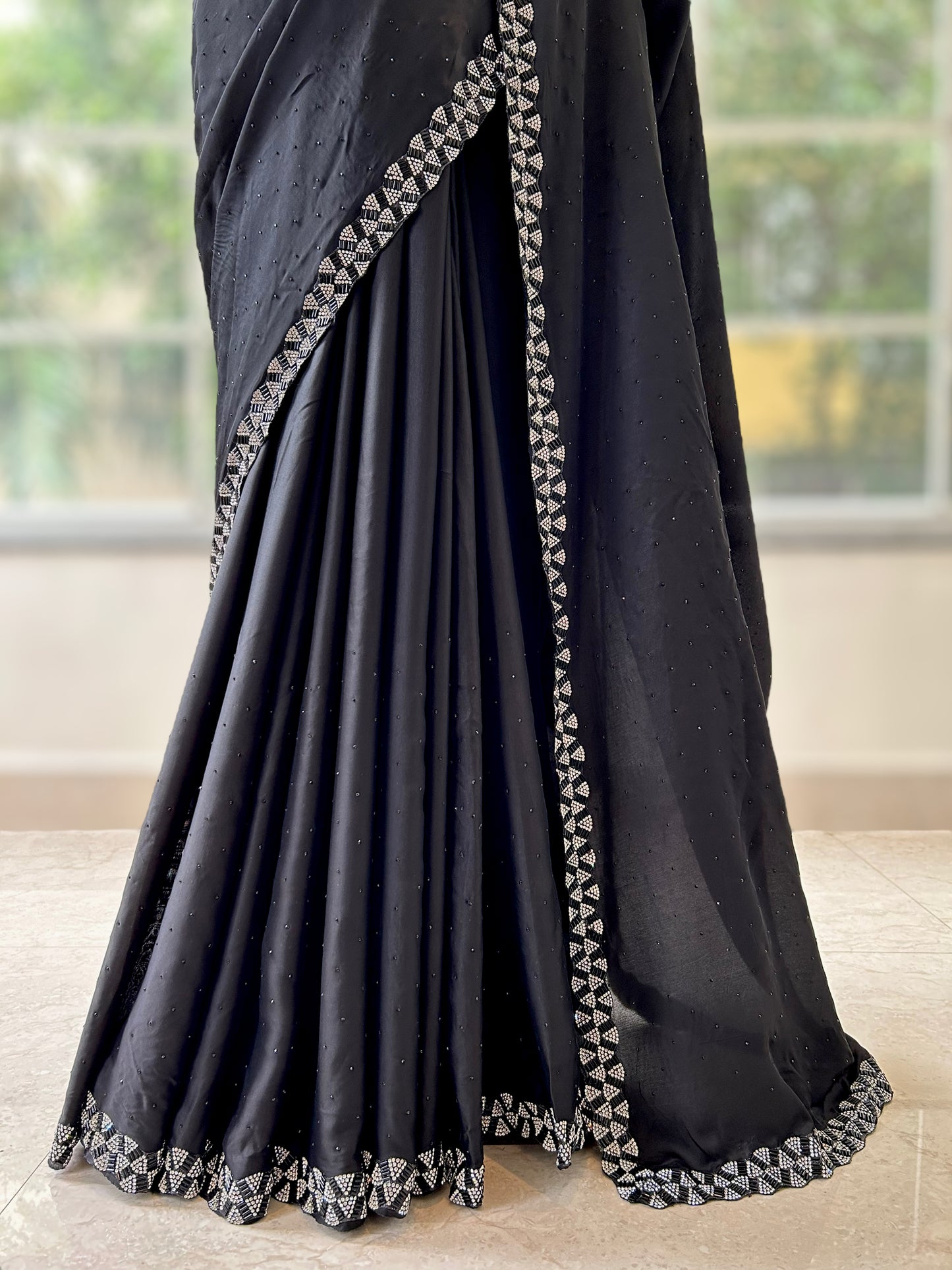 Black swarovski satin saree