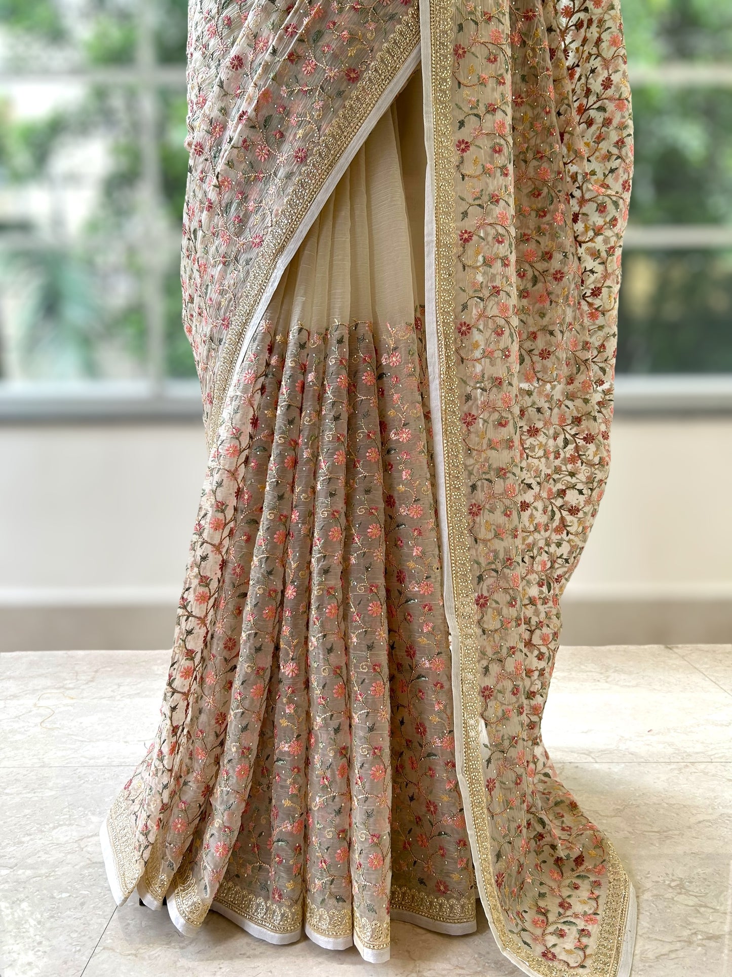 Floral embroidered chiffon saree - Golden