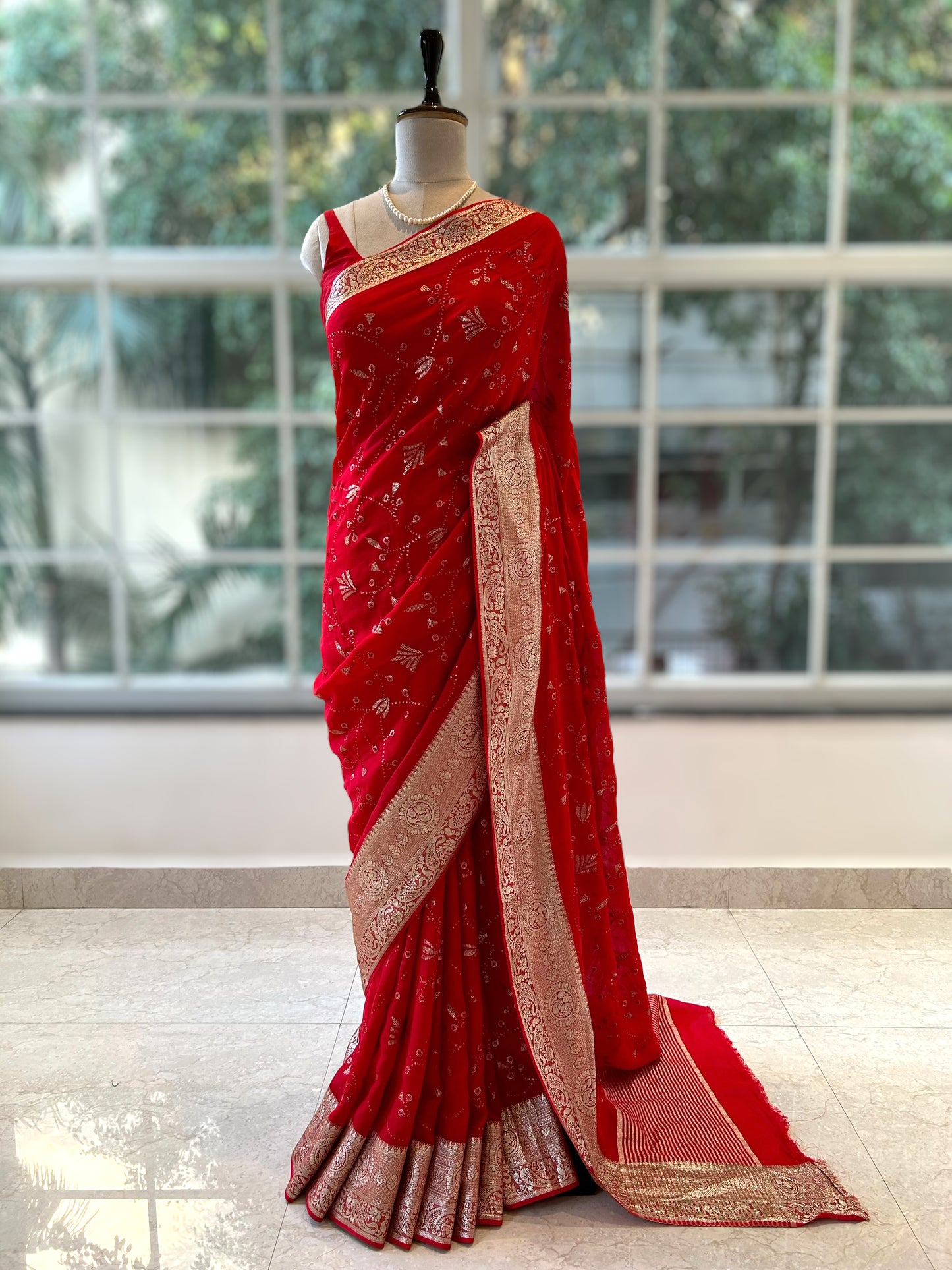 Red sequins georgette saree