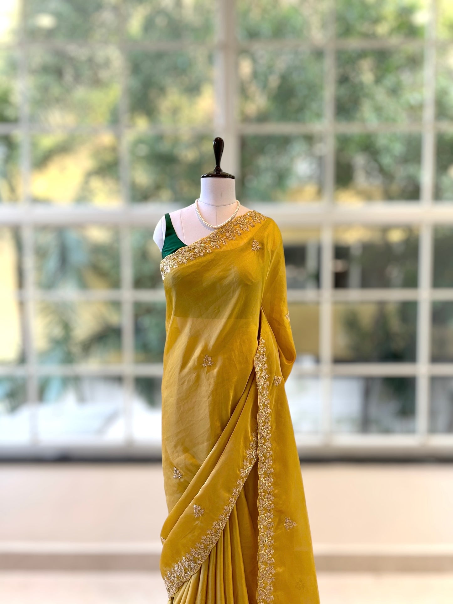 Satin chiffon aari work saree - Yellow