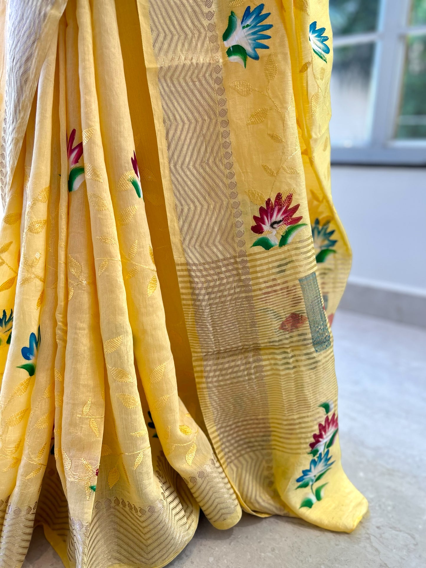 Yellow hand painted saree