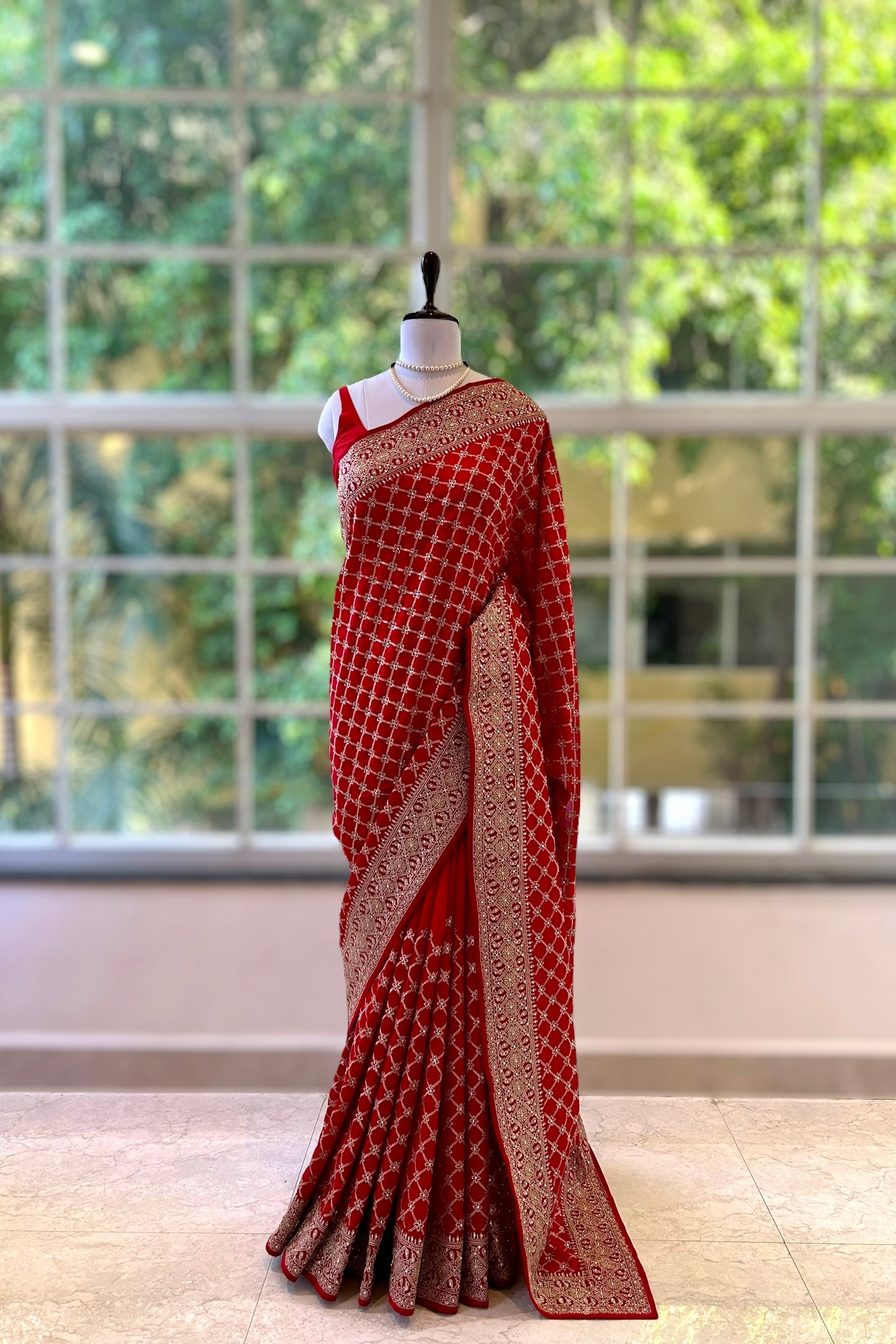 Red organza embroidered saree