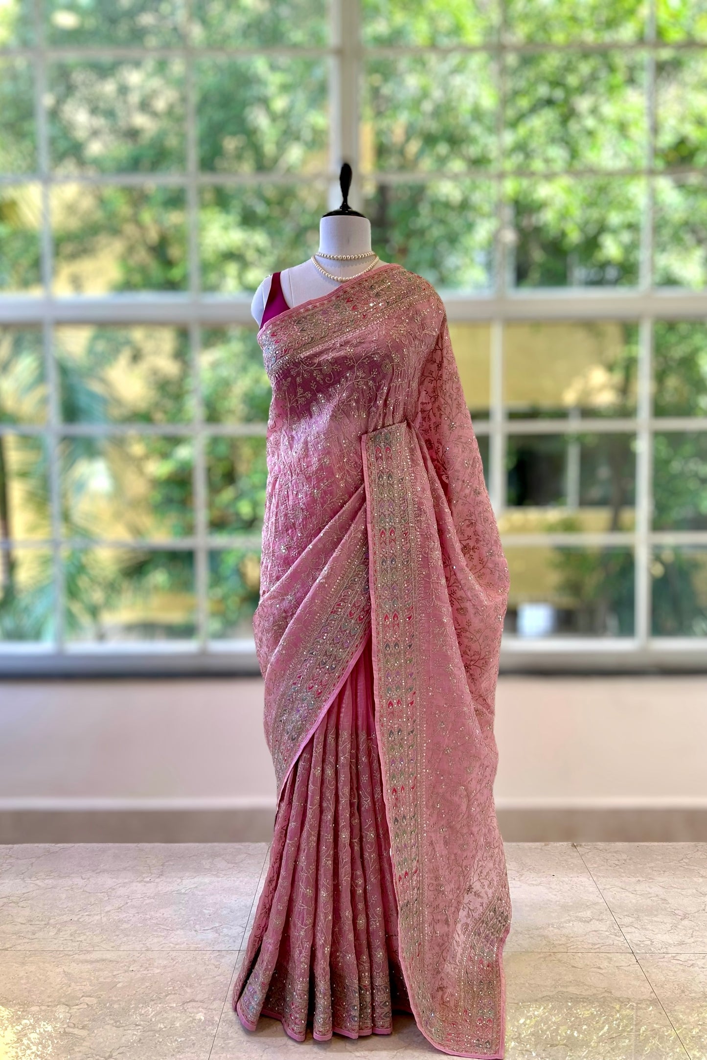 Soft organza work saree - Pink