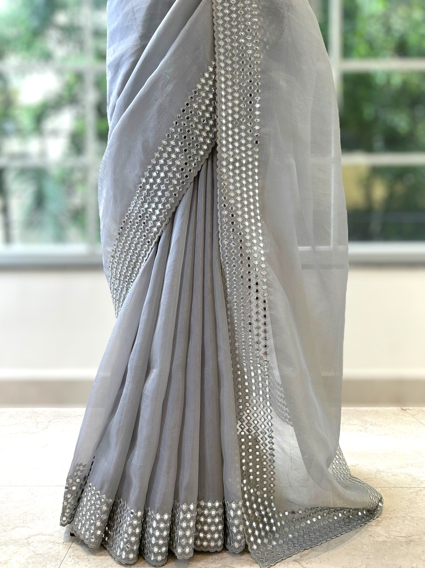 Grey mirror work organza saree