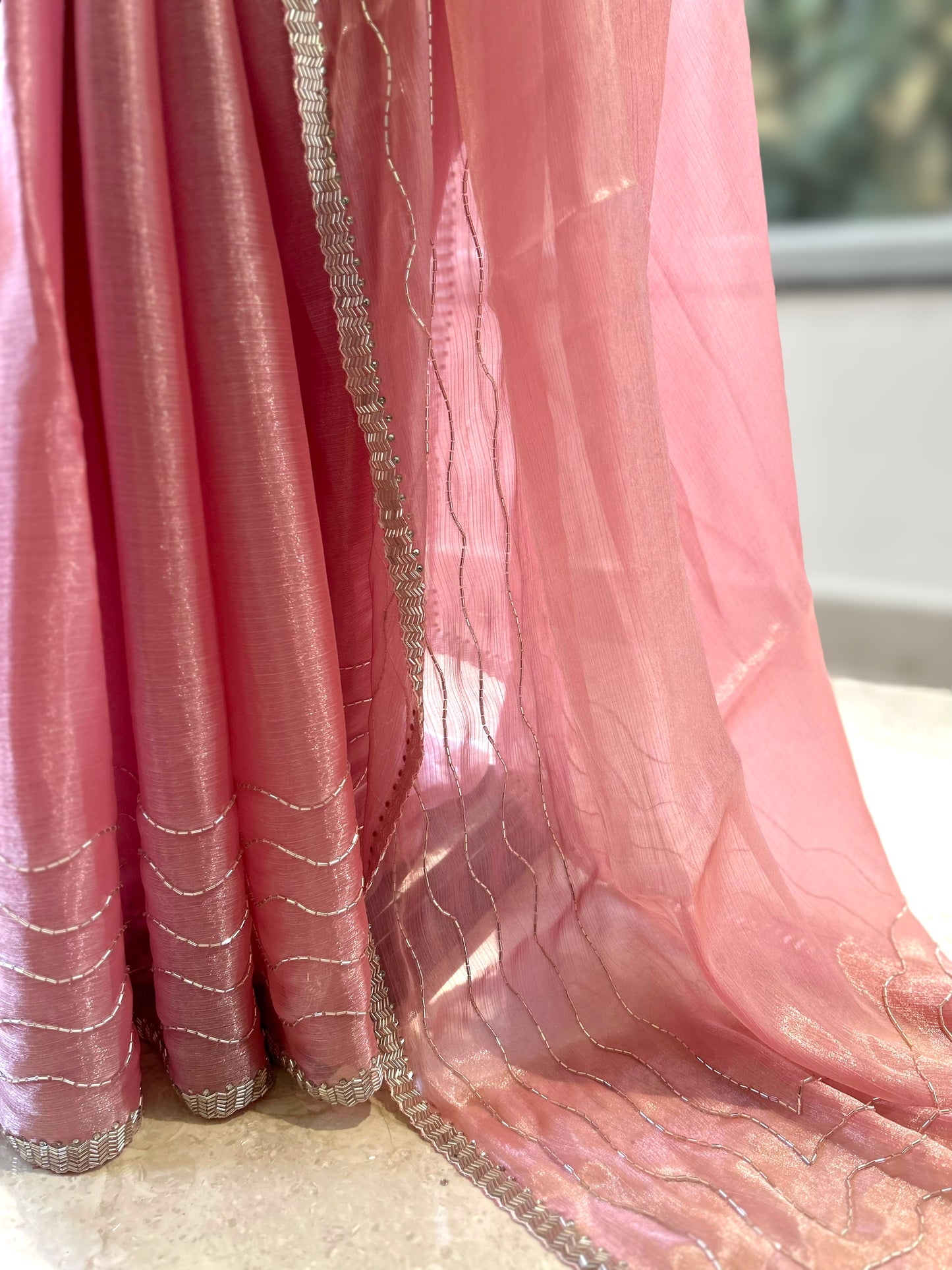 Shimmer chiffon cutwork saree - Soft Pink