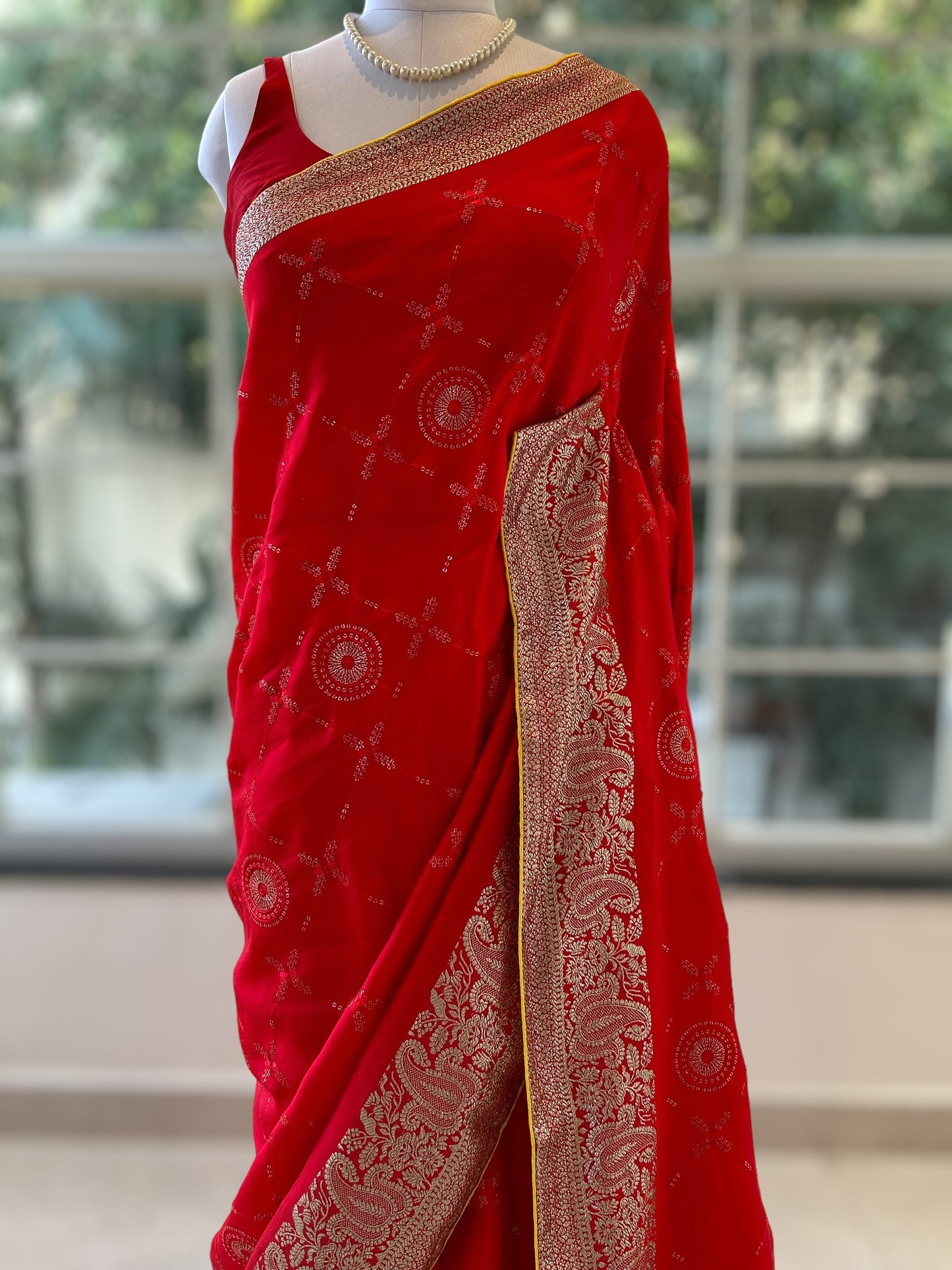 Red sequins zari saree