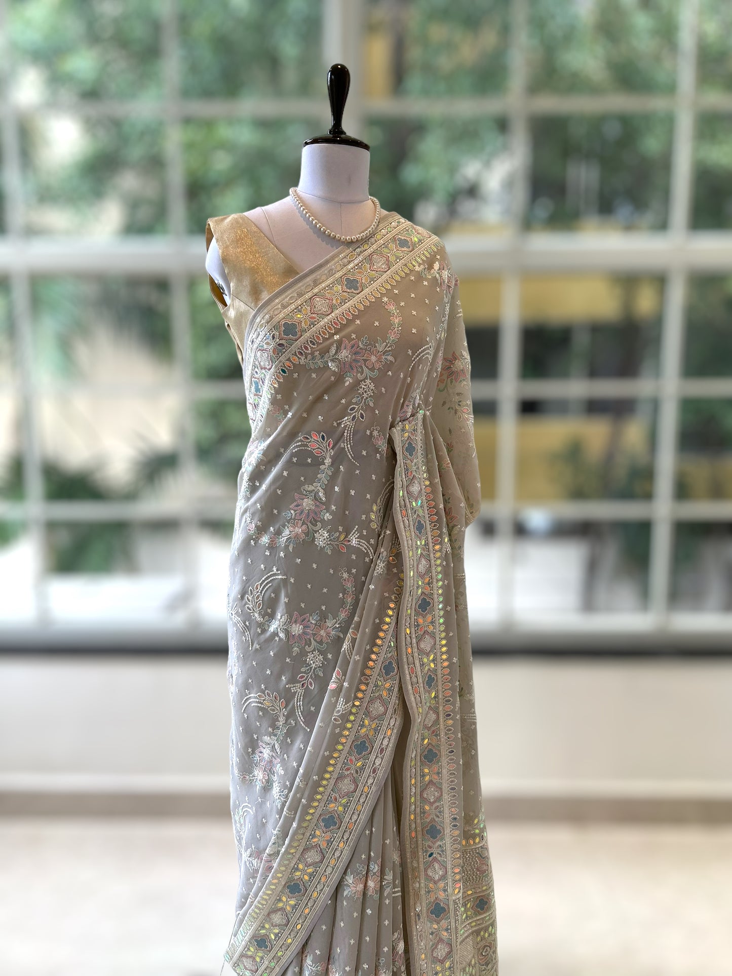 Grey sequins embroidered georgette saree