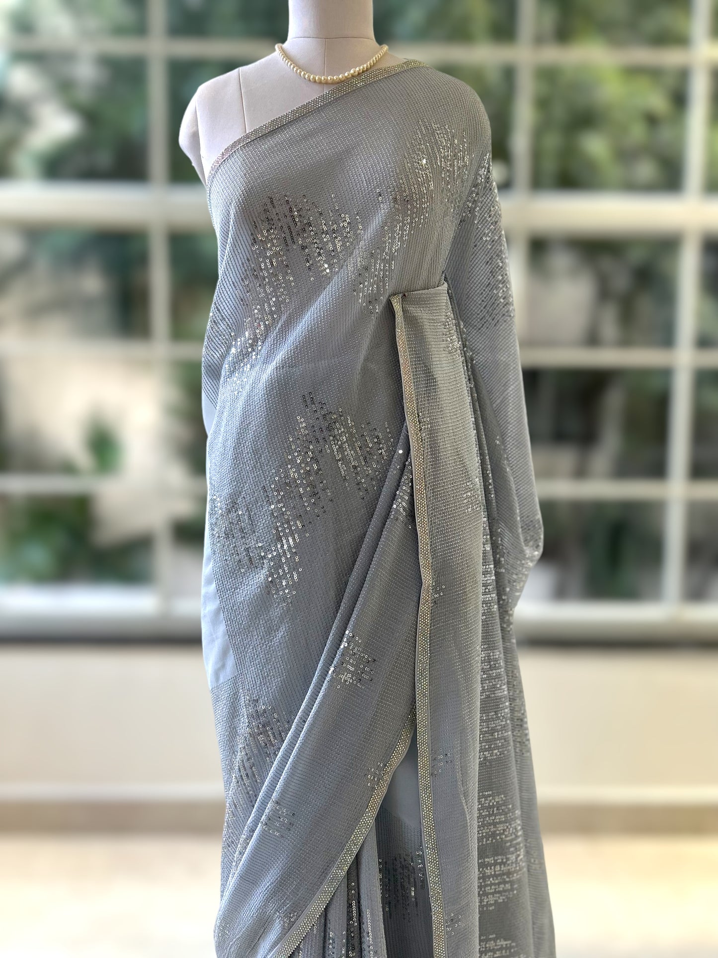 Grey sequins georgette saree