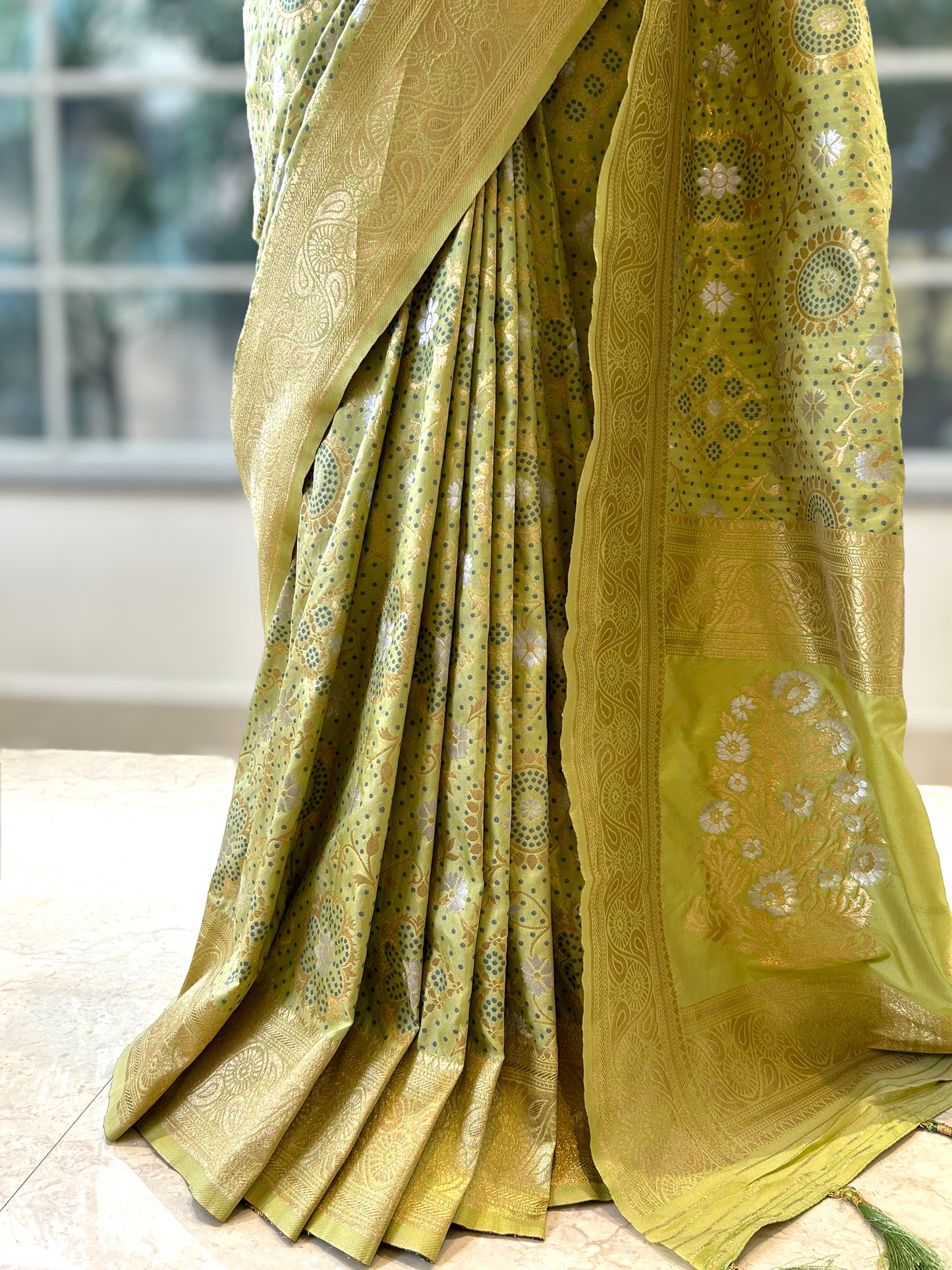 Lime green zariwork saree