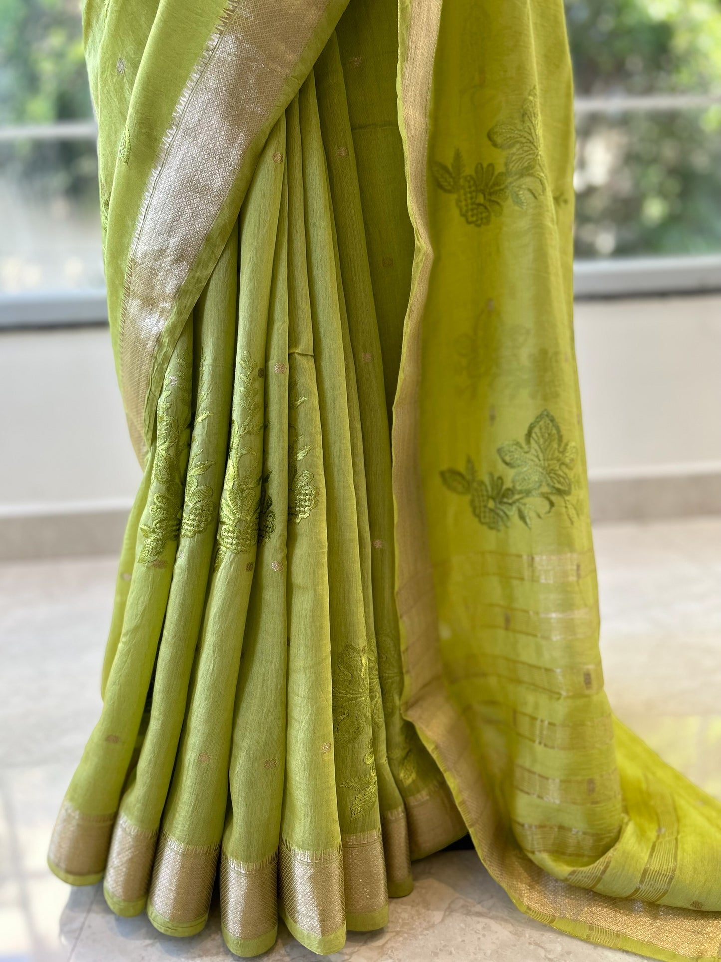 Parrot green pure soft chanderi cotton saree