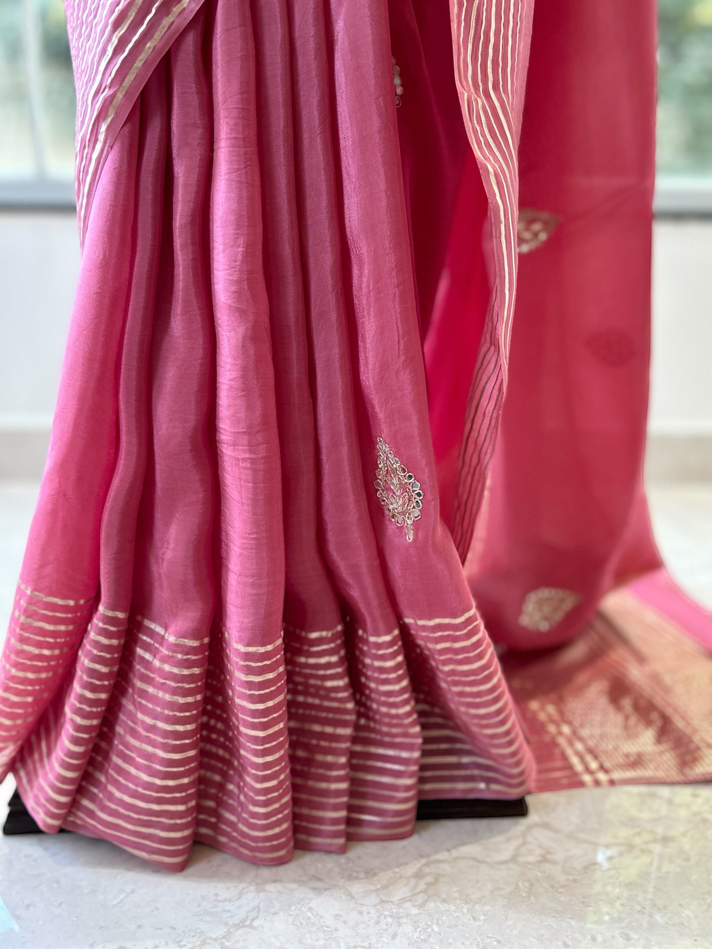 Pastel pink organza saree