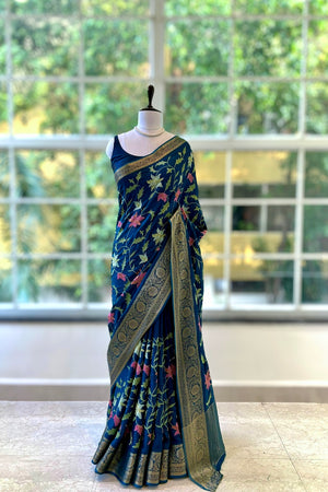 Resham embroidered saree - Teal blue