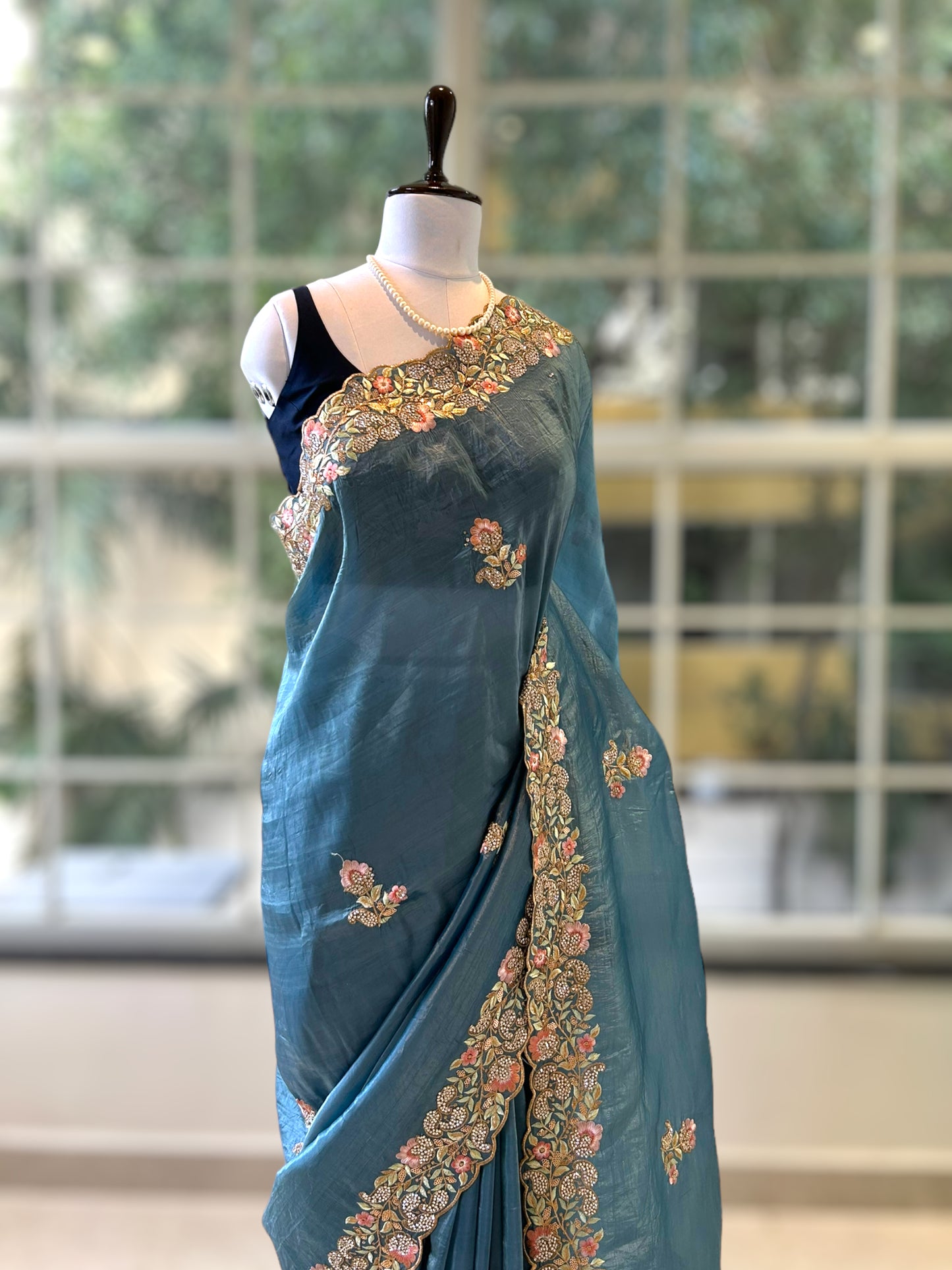 Marine blue swarovski embroidered saree