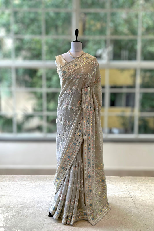 Grey sequins embroidered georgette saree