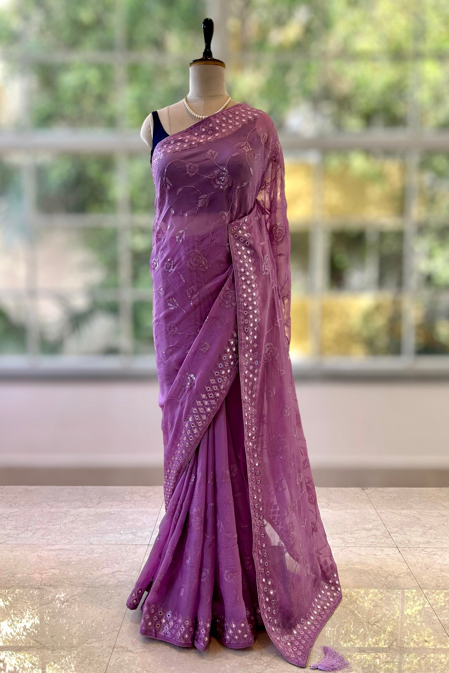 Organza mirror work saree - Purple