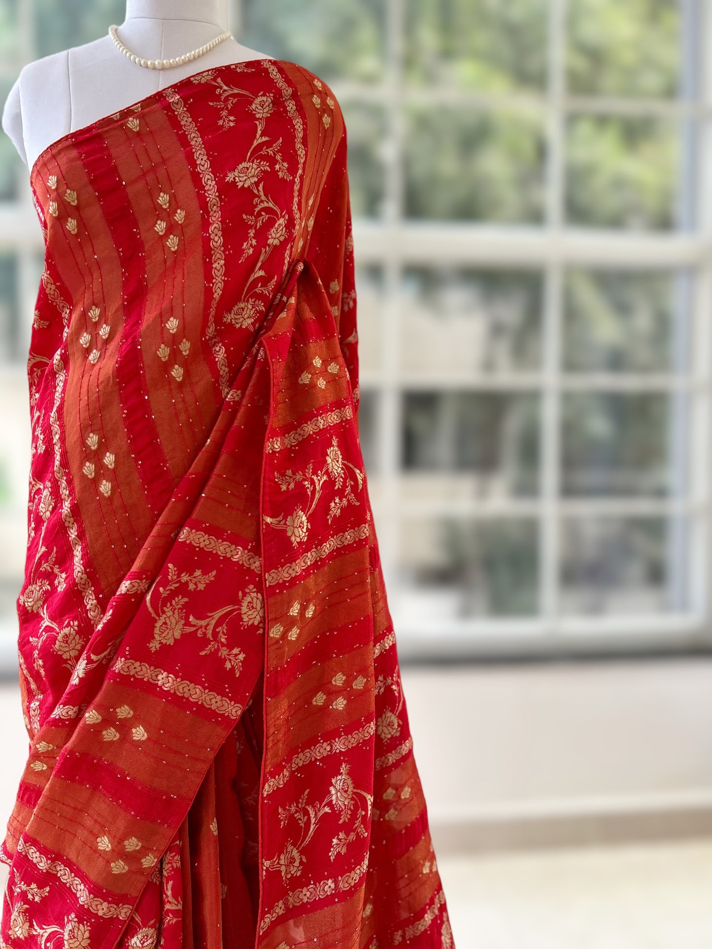 Red dola silk sequins saree