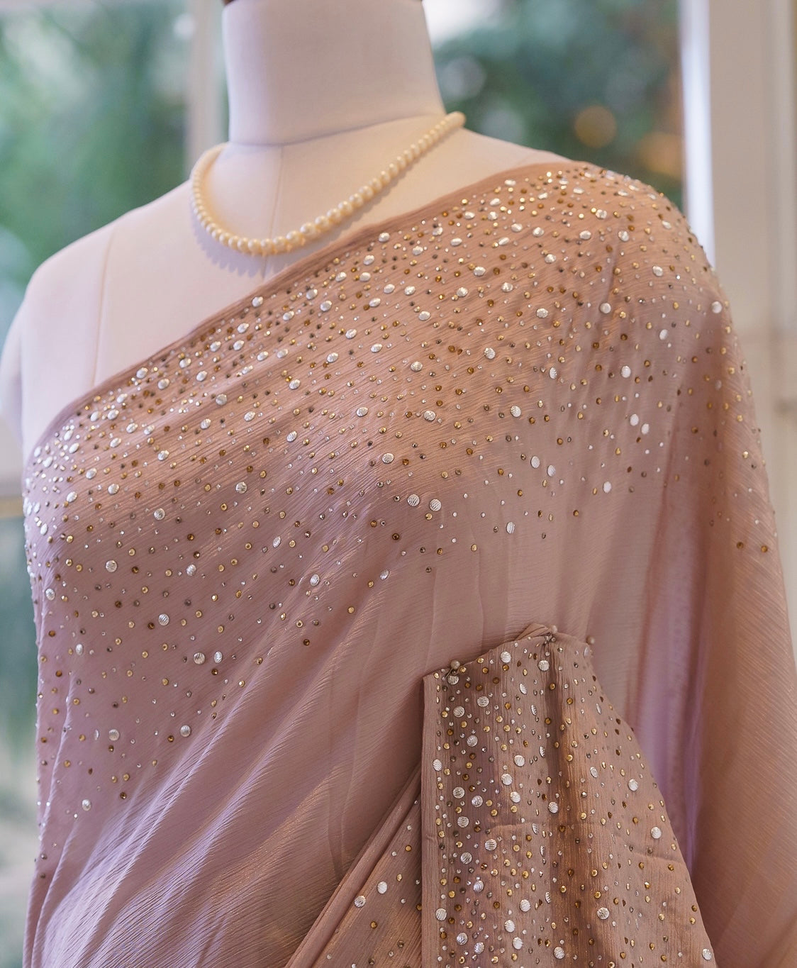 Starry sequins chiffon saree - Chocolate nude