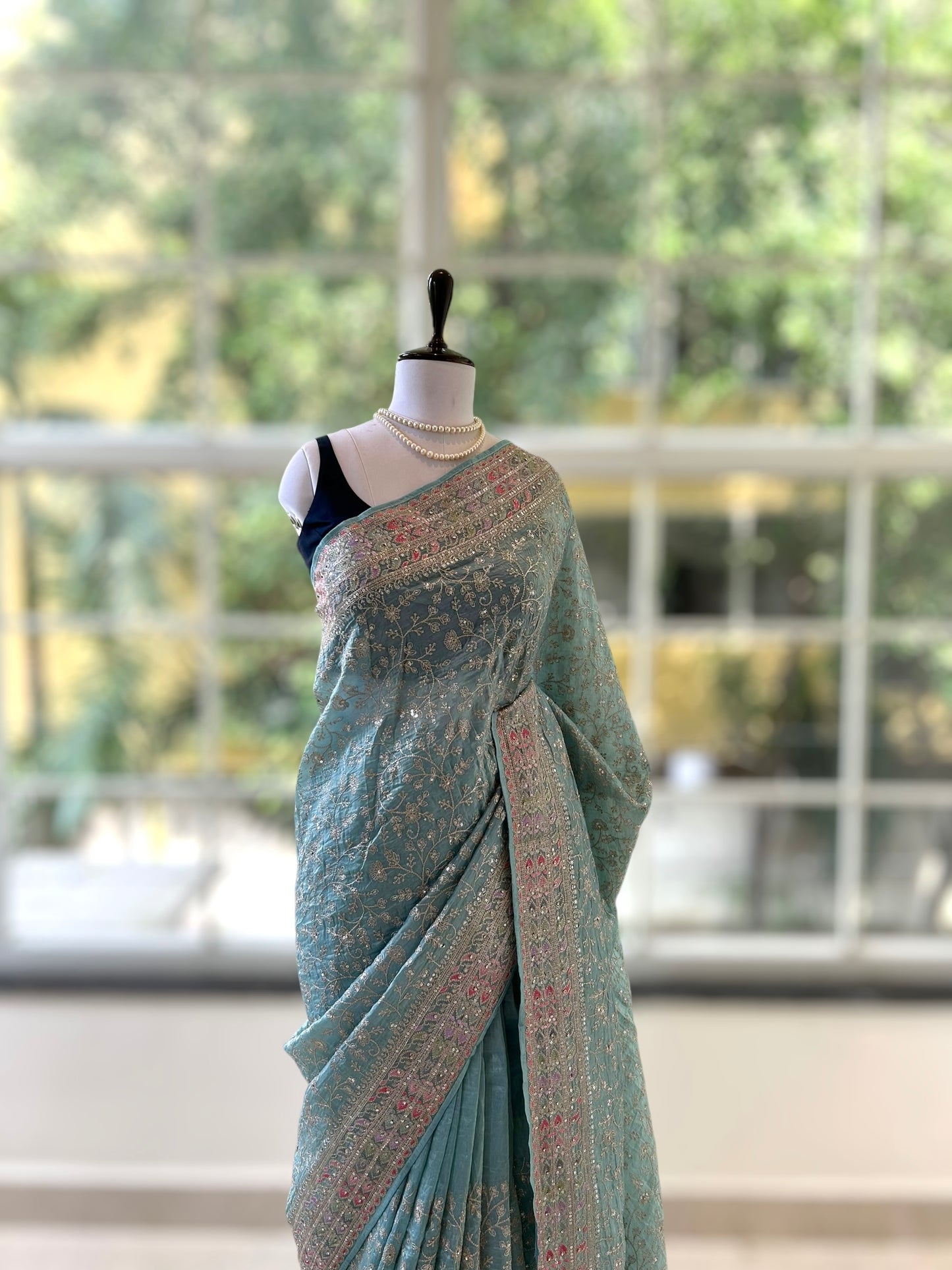 Soft organza work saree - Blue