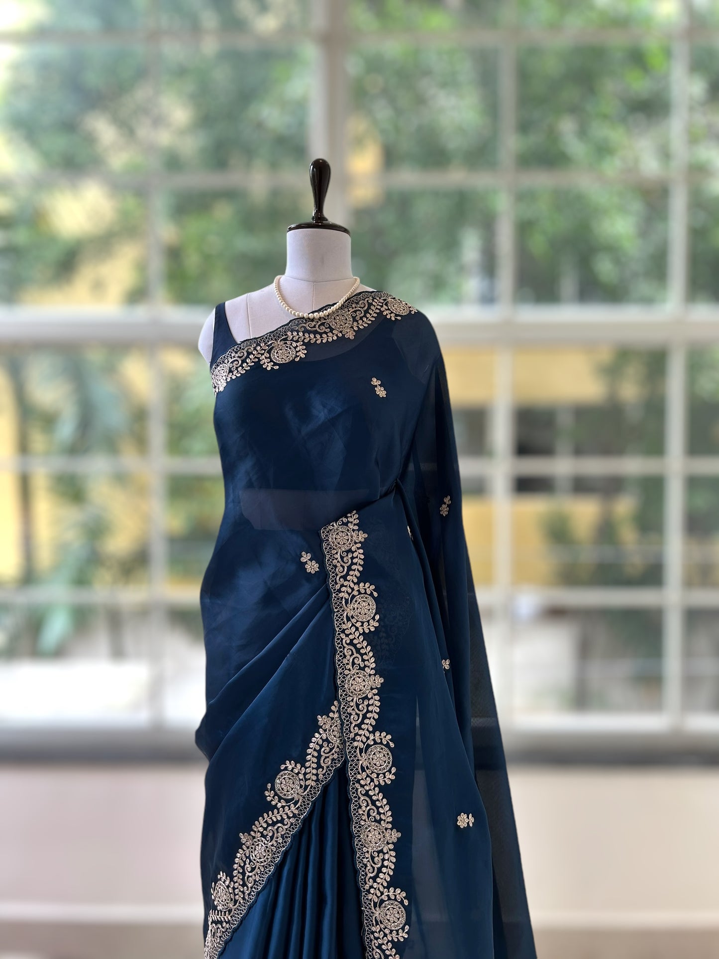 Satin chiffon aari work saree - Navy Blue