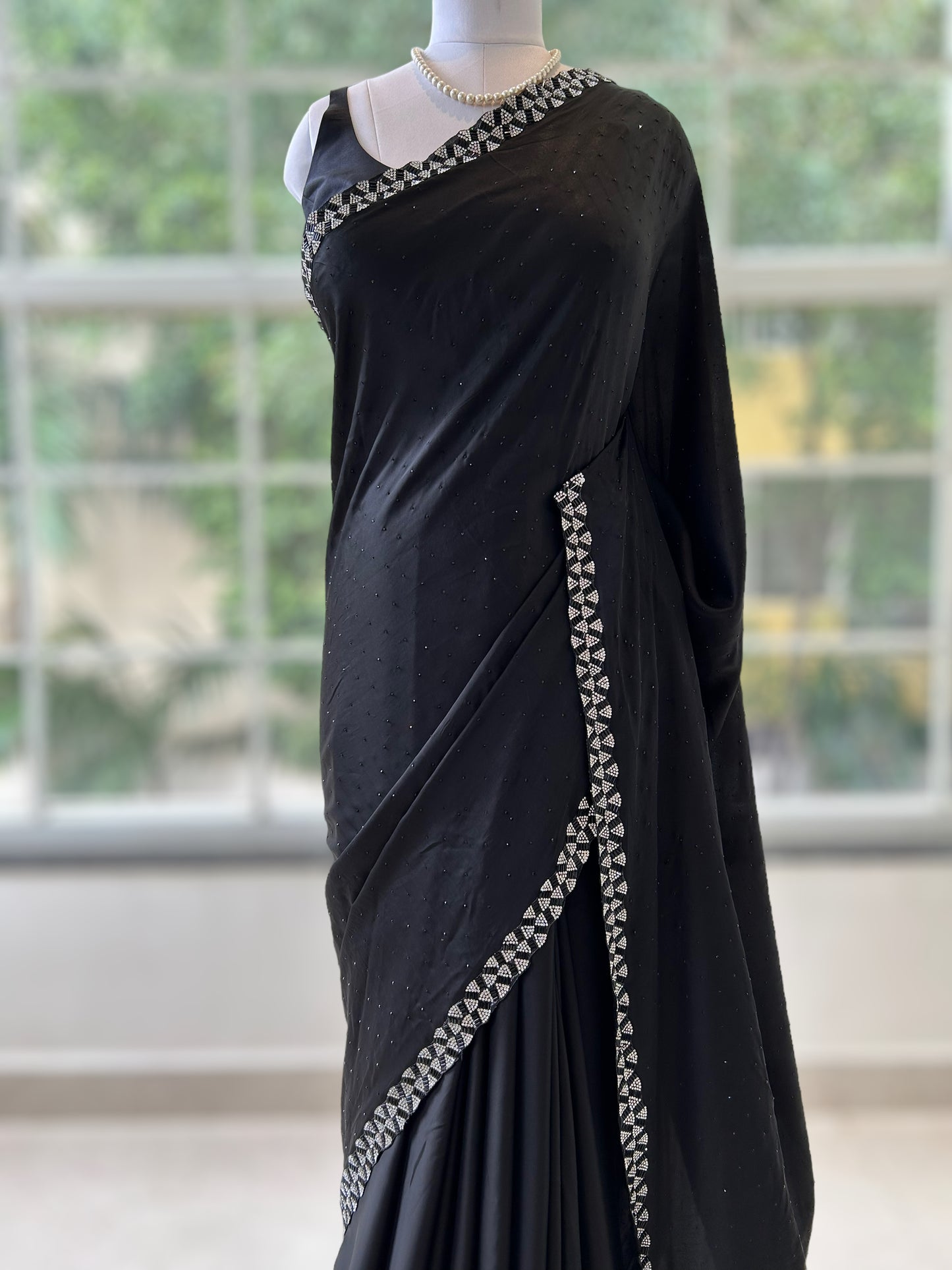 Black swarovski satin saree