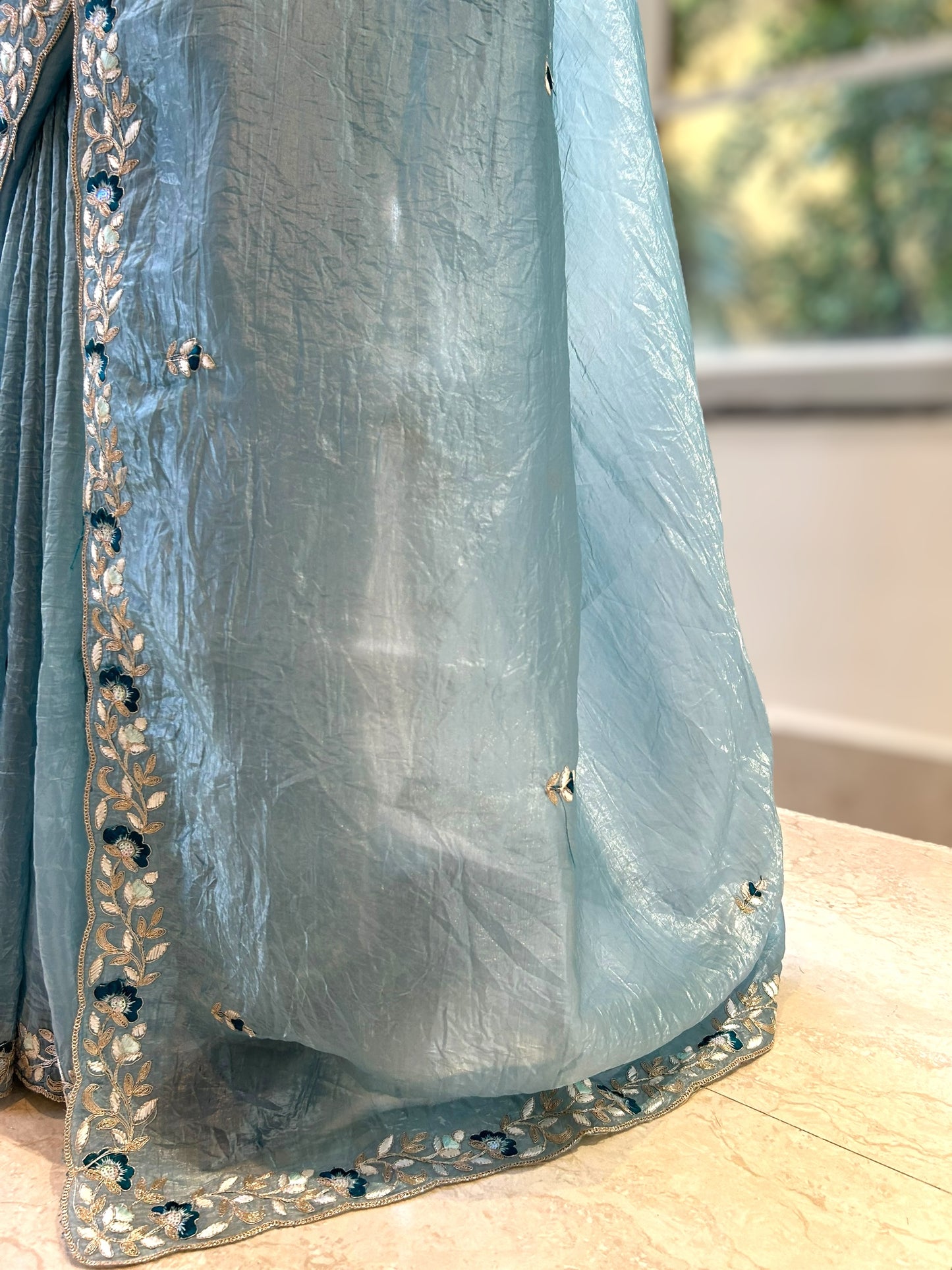 Embroidered crushed organza saree - Sky blue