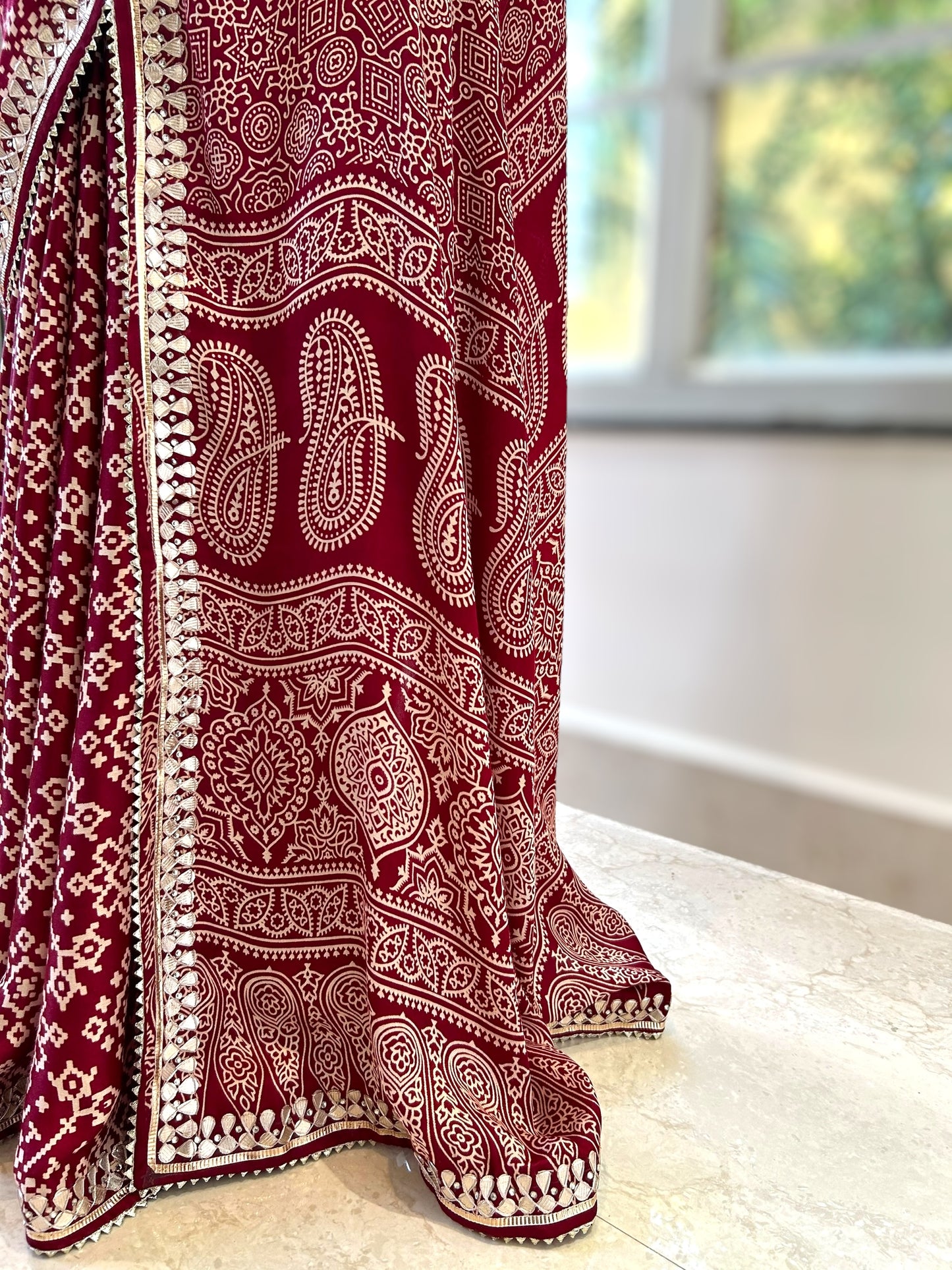 Ajrakh modal satin work saree - Maroon