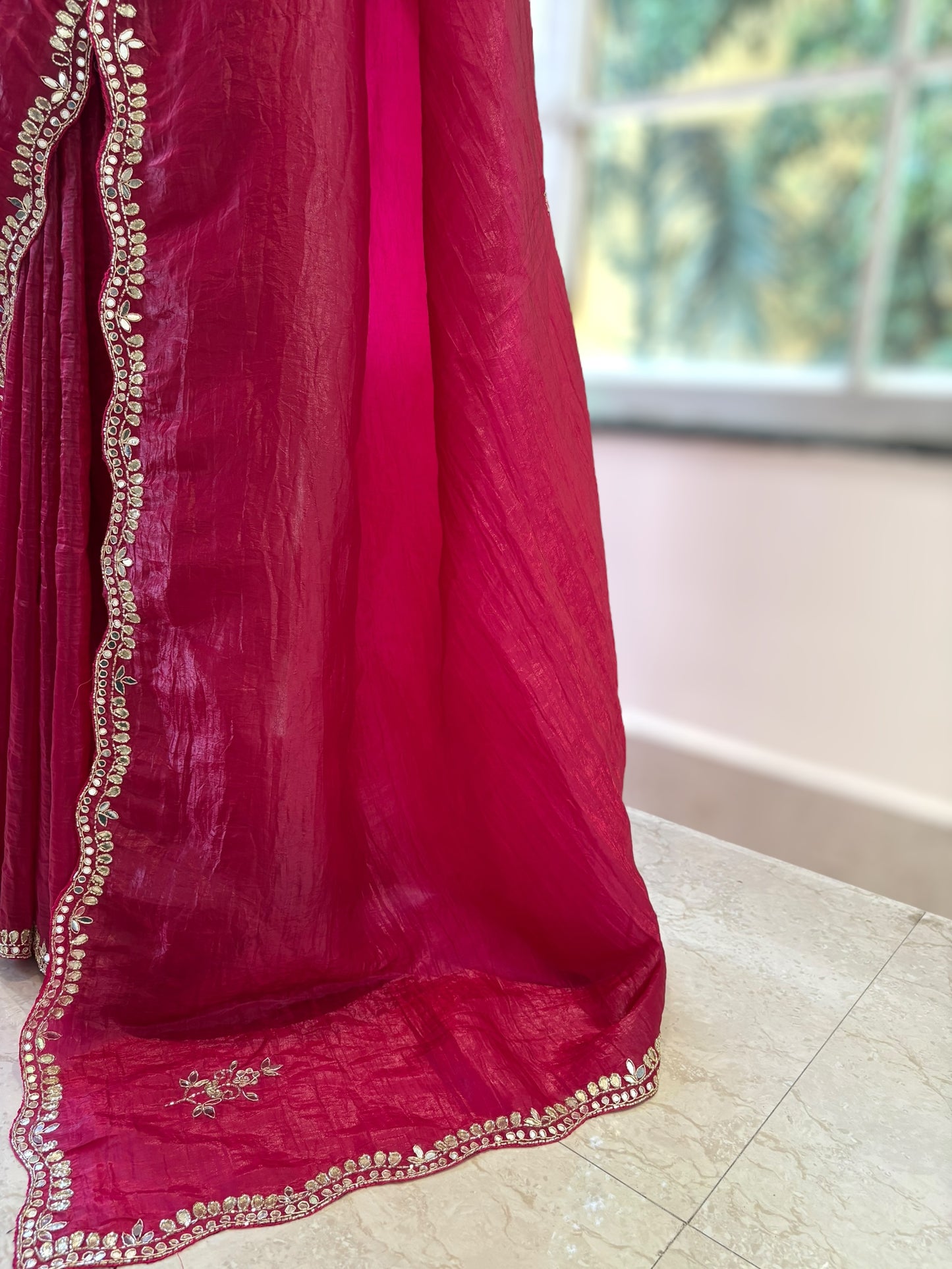 Mirror work crushed organza saree - Pink