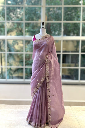 Embroidered crushed organza saree - Lilac