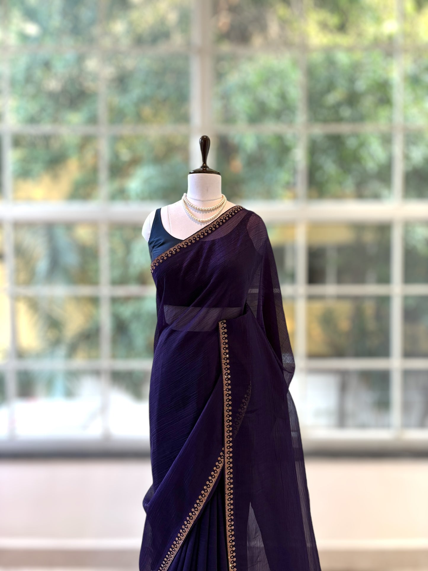 Swarovski embellished chiffon saree - Violet