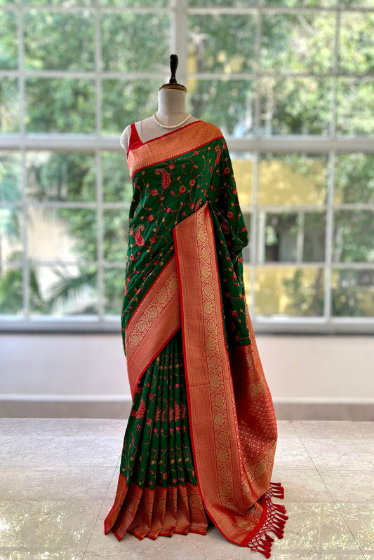 Kantha work saree - Bottle Green