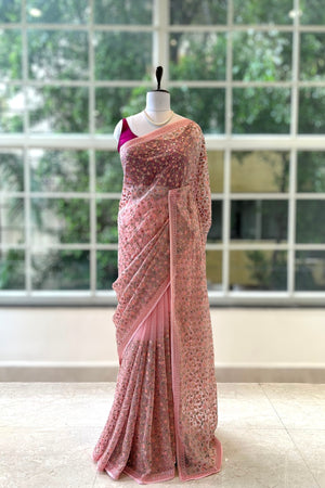 Floral embroidered chiffon saree - Pink