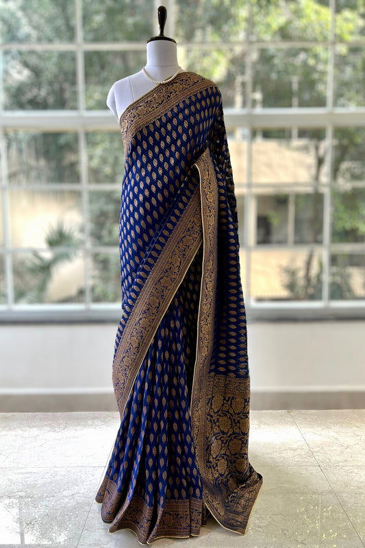 Peacock blue georgette saree