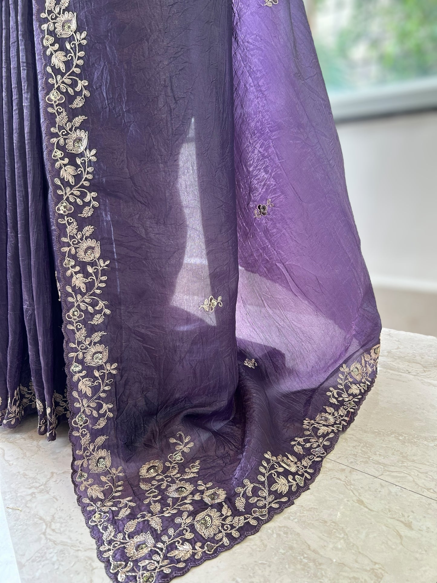 Aariwork crushed organza saree - Purple